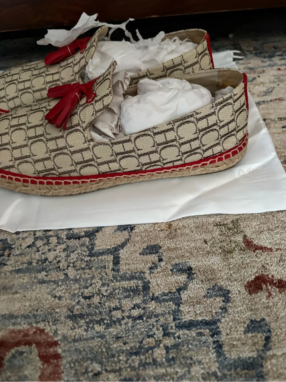 Carolina Herrera CH Monogram Espadrille Loafers in Beige and Red Trim